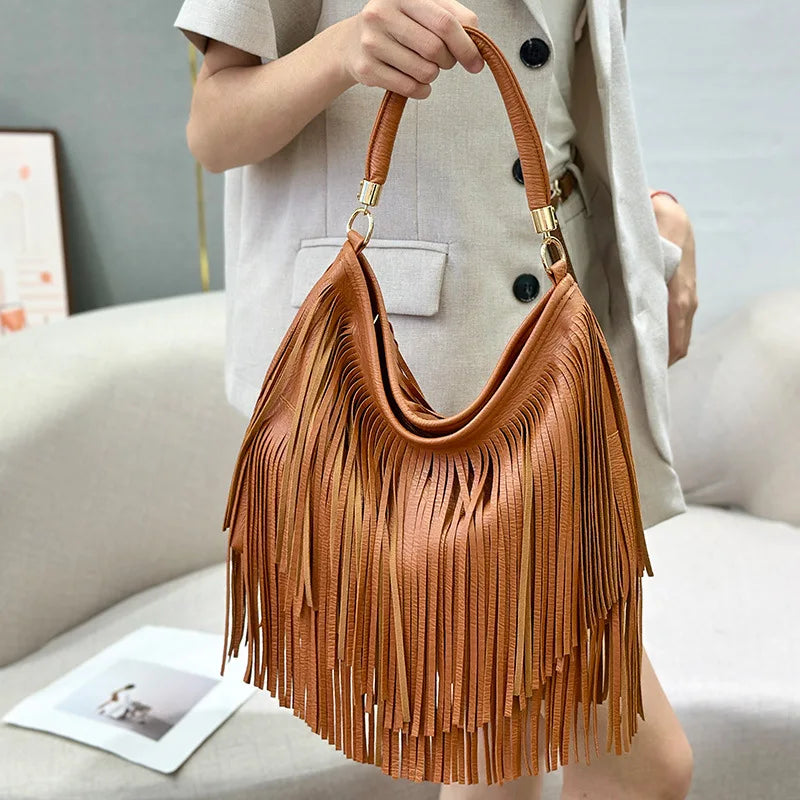 Large Capacity Tassel Shoulder Bags Leather Vintage Shoulder Crossbody Bags For Women