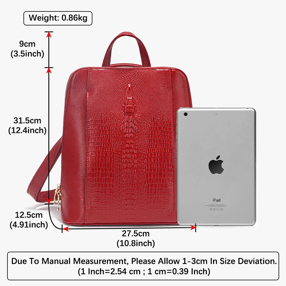 Genuine Leather Backpack Crocodile Pattern Large Capacity