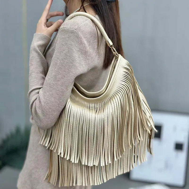 Large Capacity Tassel Shoulder Bags Leather Vintage Shoulder Crossbody Bags For Women