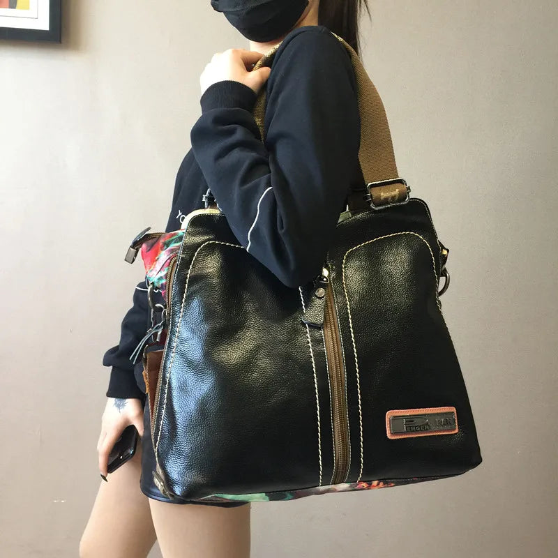 Leather Bag Fashion Large Capacity Flower Print Shoulder Bag