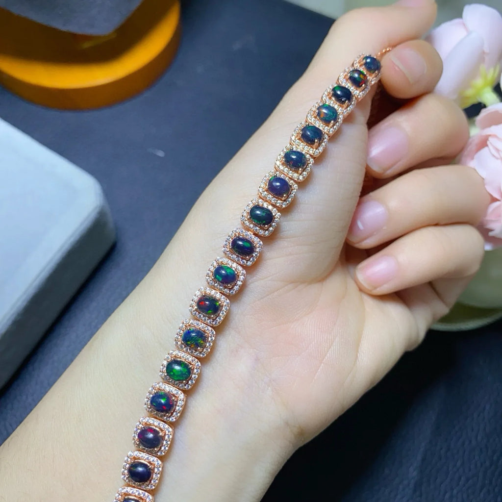 Natural Flash Fire Black Opal Bracelet 4*5mm Large Center Stone