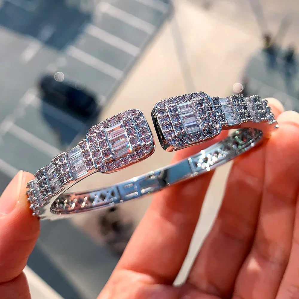 Rectangle Square Cubic Zirconia Charm Open Bangle Bracelet Women Fashion Jewelry