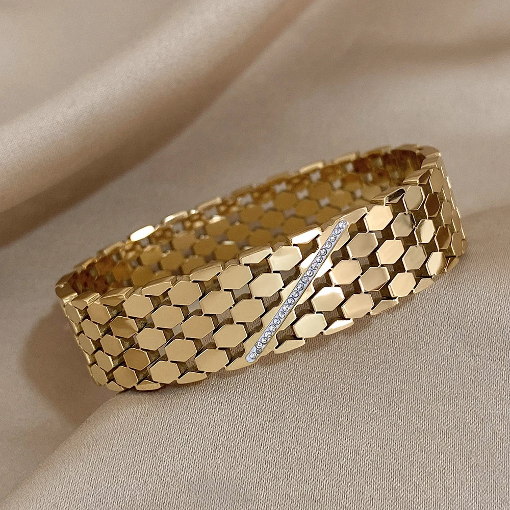 Chunky Inlaid Rhinestone Geometric Wide Stainless Steel Bangles Bracelets