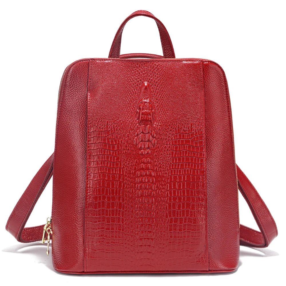Genuine Leather Backpack Crocodile Pattern Large Capacity