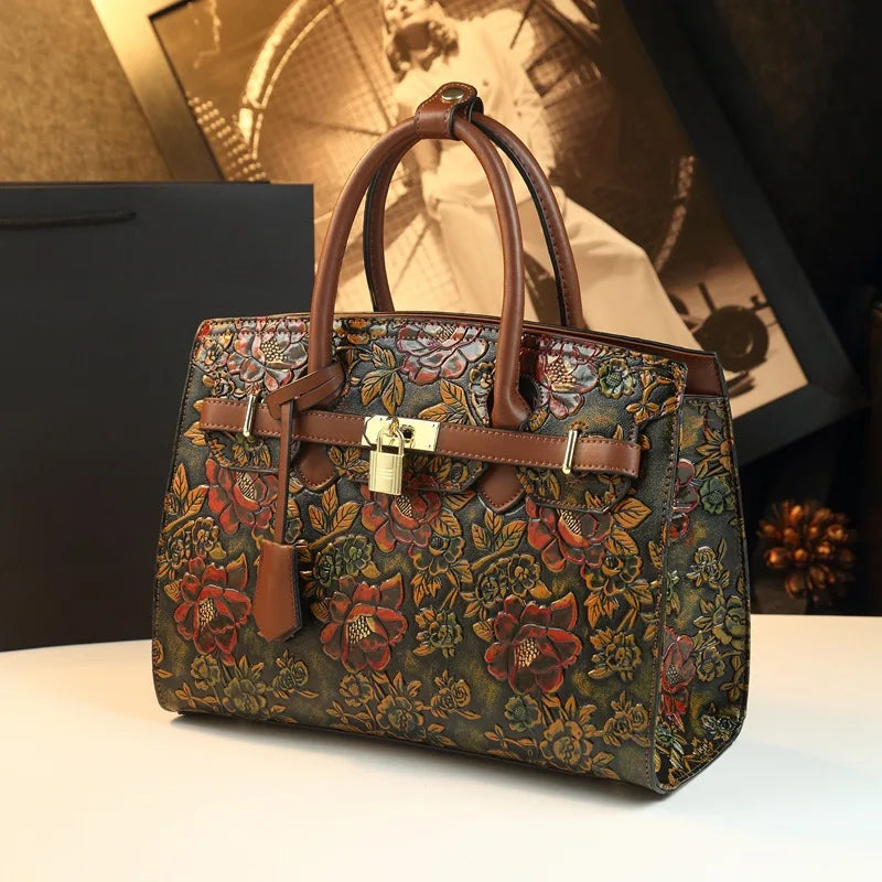 Retro Platinum Leather Handbag 3D Relief Floral Embossed Shoulder Bag for Women