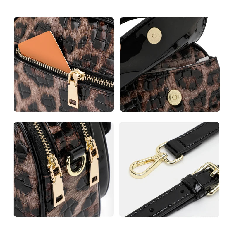 Patent Leather Leopard Print Crossbody Handbags