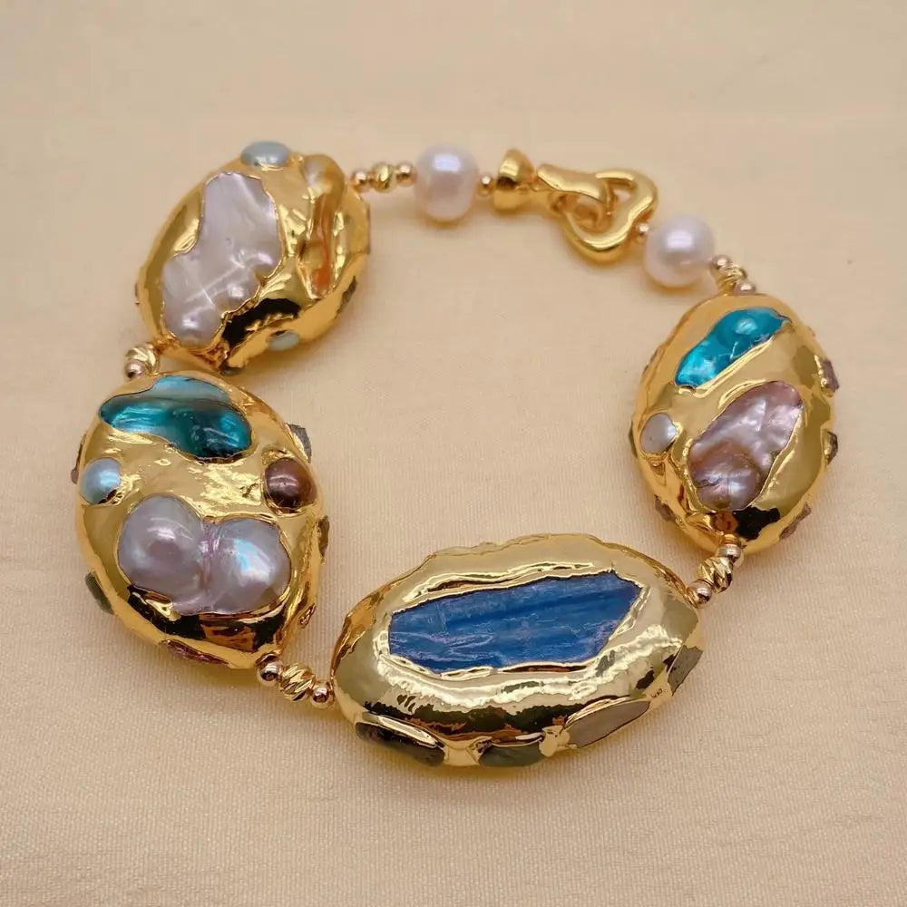 Blue Kyanite 24x35mm Multi Color Shell Pearl Bracelet