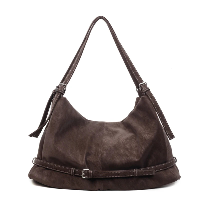 Retro Suede Tote Bag Large Capacity Shoulder Bag Trendy Metal Buckle Strap
