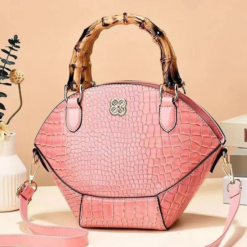 Fashionable Bag Texture Retro Bamboo Handbag Niche Creative Stone Pattern Leather Bag