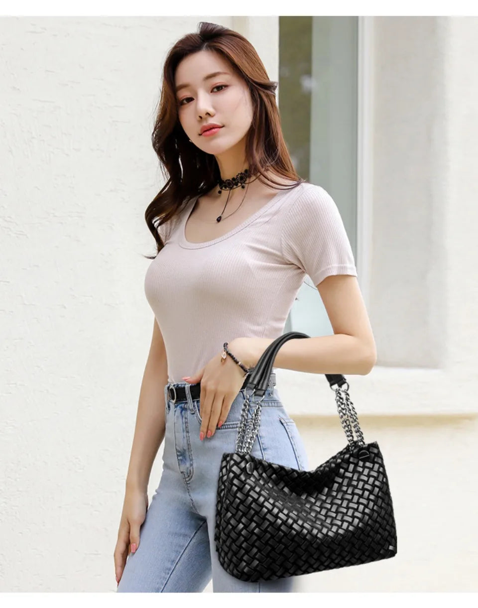 High Quality Chain Woven Soft Pu Leather Women's Tote Bag