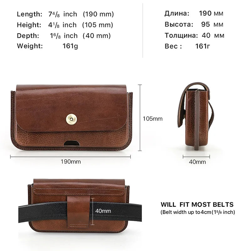 Cow Leather Belt Phone Pouch Magnetic Buckle Design