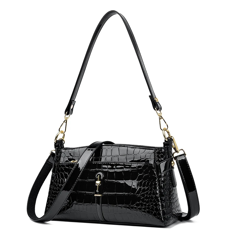 Luxury Patent Leather Handbag Crocodile Pattern Fashion