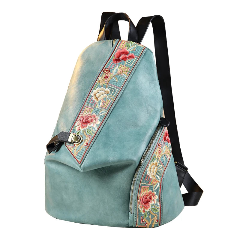 Retro Genuine Leather Women Backpack Embroidered Design Ladies Bag Travel Backpacks