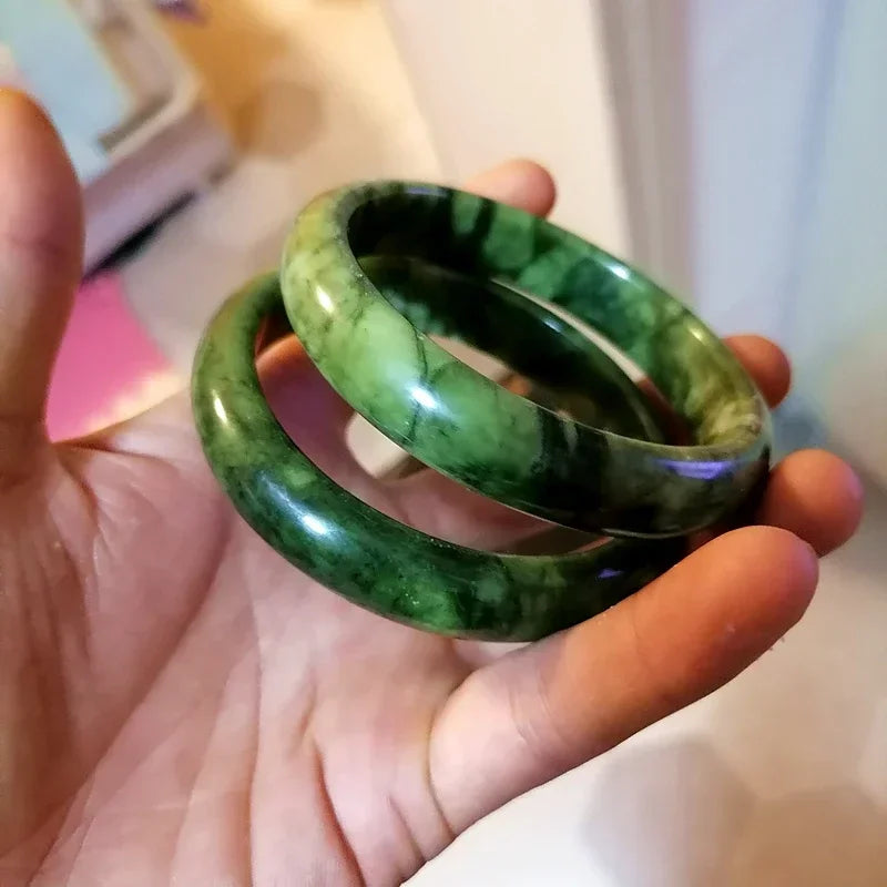 Natural Green White Hand Carved Wide Jade Bracelet