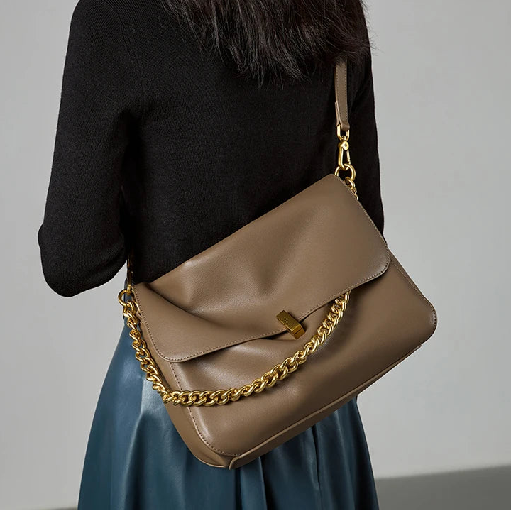Cow Leather Genuine Flap Shoulder Chain Bag Luxury Solid Genuine Leather Handbag