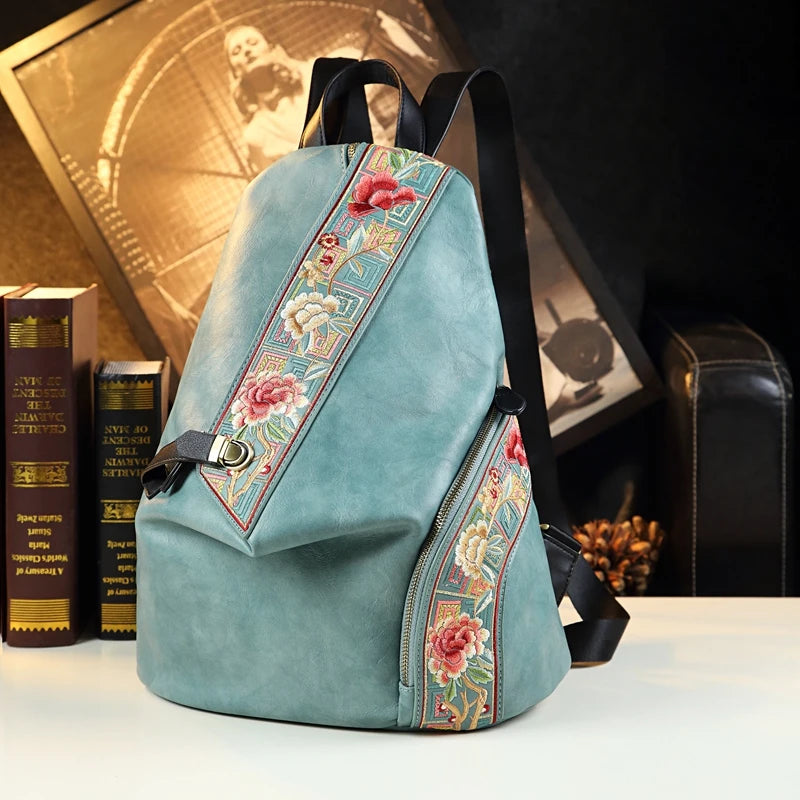 Retro Genuine Leather Women Backpack Embroidered Design Ladies Bag Travel Backpacks