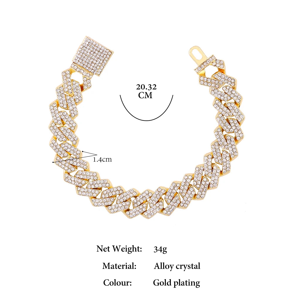 14MM Iced Prong Link Cuban Chain Bracelets Full Rhinestones