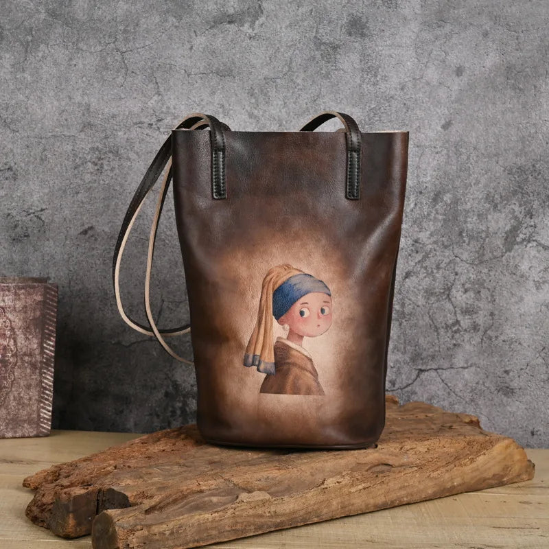 Retro Real Cowhide Hand-Printed Natural Genuine Leather Leisure Large Capacity