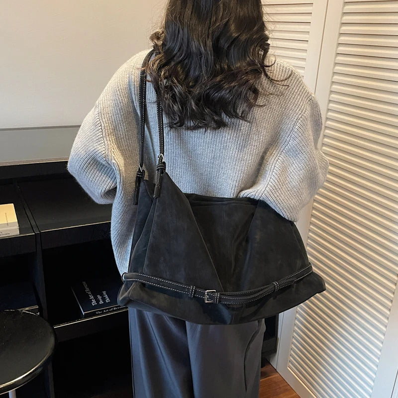 Retro Suede Tote Bag Large Capacity Shoulder Bag Trendy Metal Buckle Strap