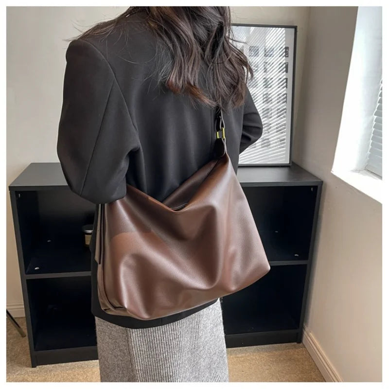 Neutral Style Tote Bag Faux Leather Construction Wide Strap