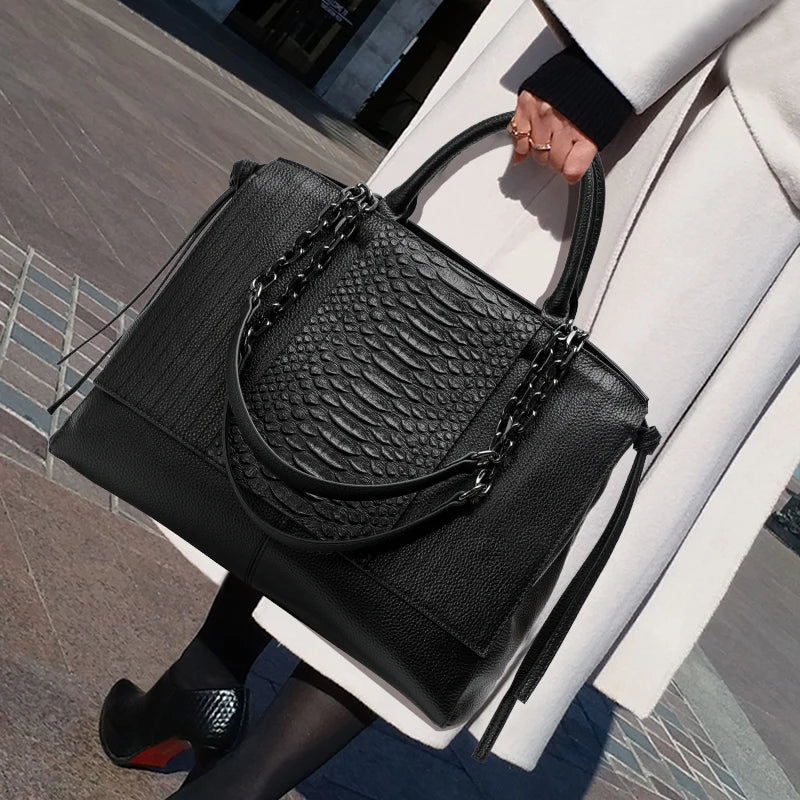 Large Capacity Cowhide Briefcase Crocodile Pattern