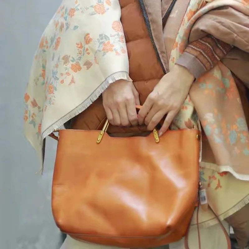Soft Leather Tote Metal Handle Large Capacity Crossbody Bag