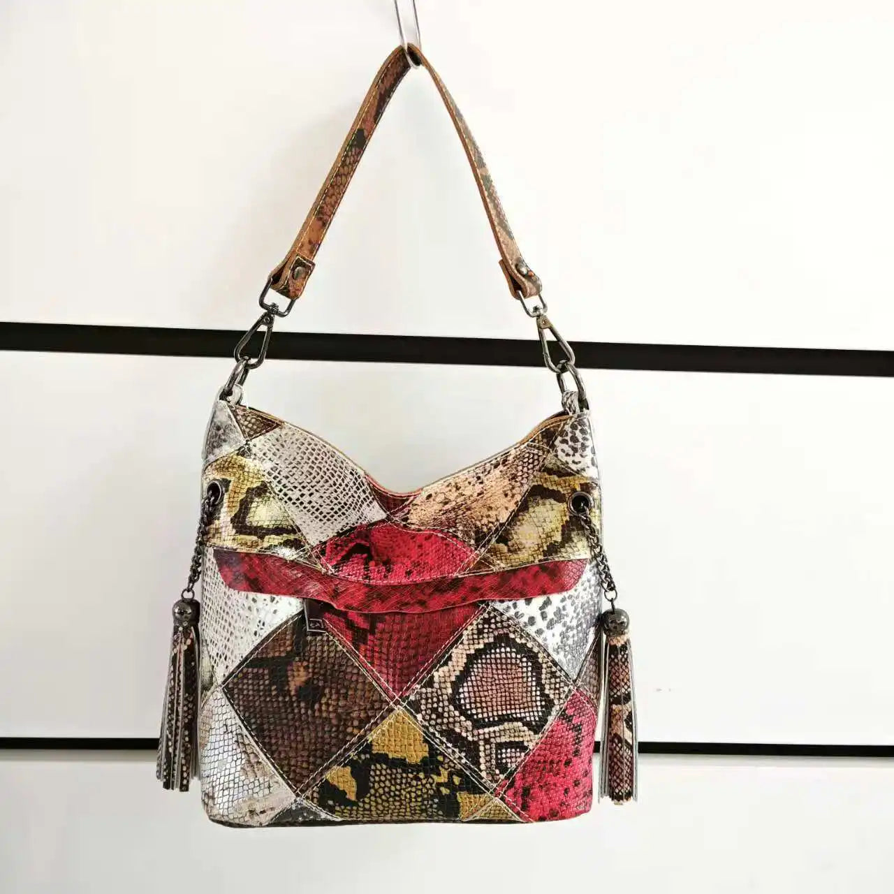 Snake Patchwork Design Handbag Genuine Leather Bucket Bag
