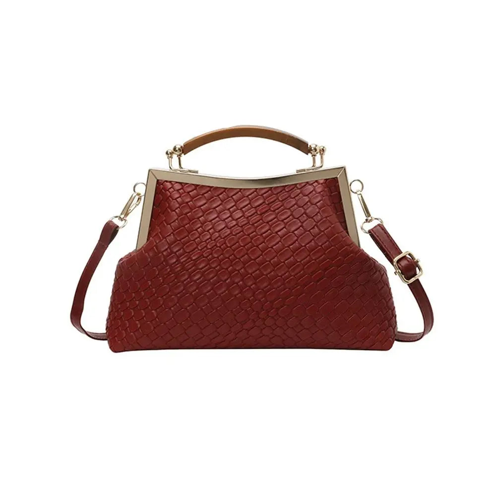 Large Capacity Woven Style PU Leather Retro Clip Lock Bag
