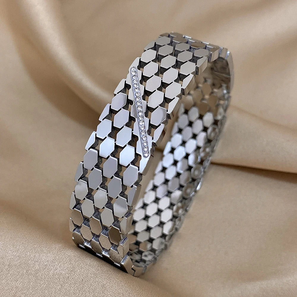 Chunky Inlaid Rhinestone Geometric Wide Stainless Steel Bangles Bracelets