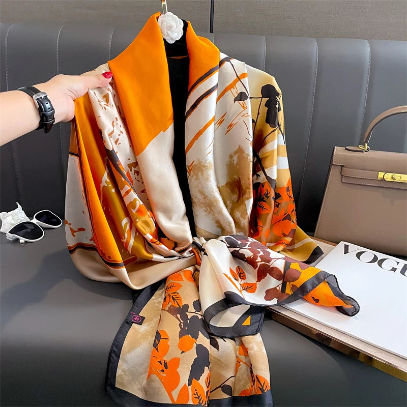 180*90cm Large Silk Satin Scarf Hijab Women Print Shawl