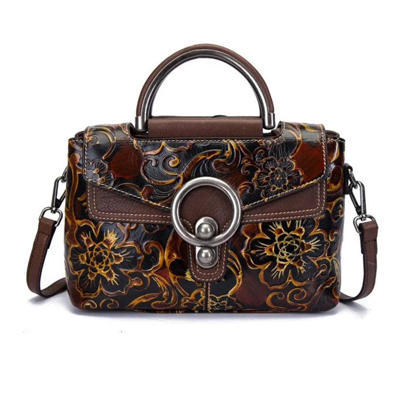 Floral Genuine Leather Tote Bag Vintage Shoulder Handbag