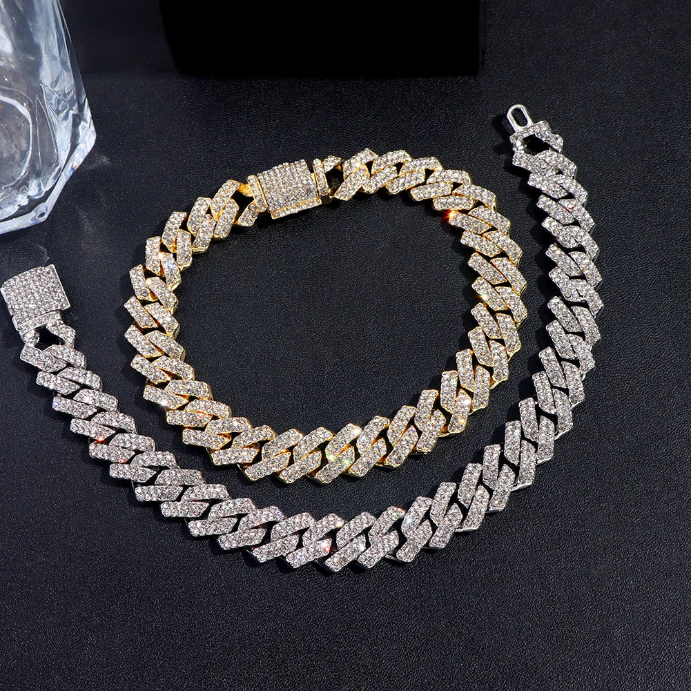 14MM Iced Prong Link Cuban Chain Bracelets Full Rhinestones