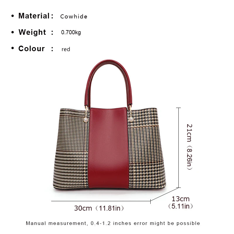High-capacity cowhide women's fashionable contrasting color handbag