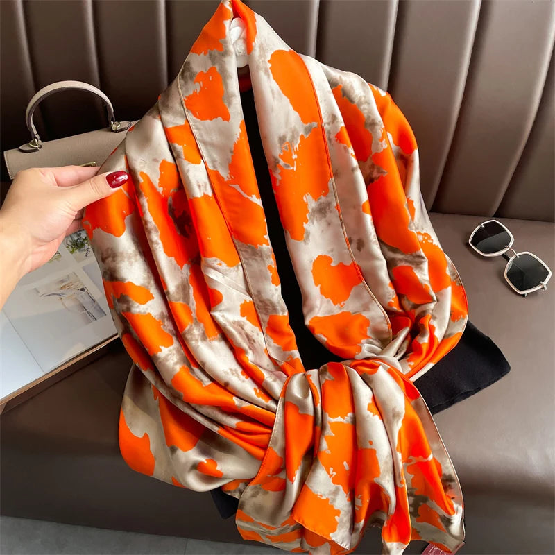 180*90cm Large Silk Satin Scarf Hijab Women Print Shawl