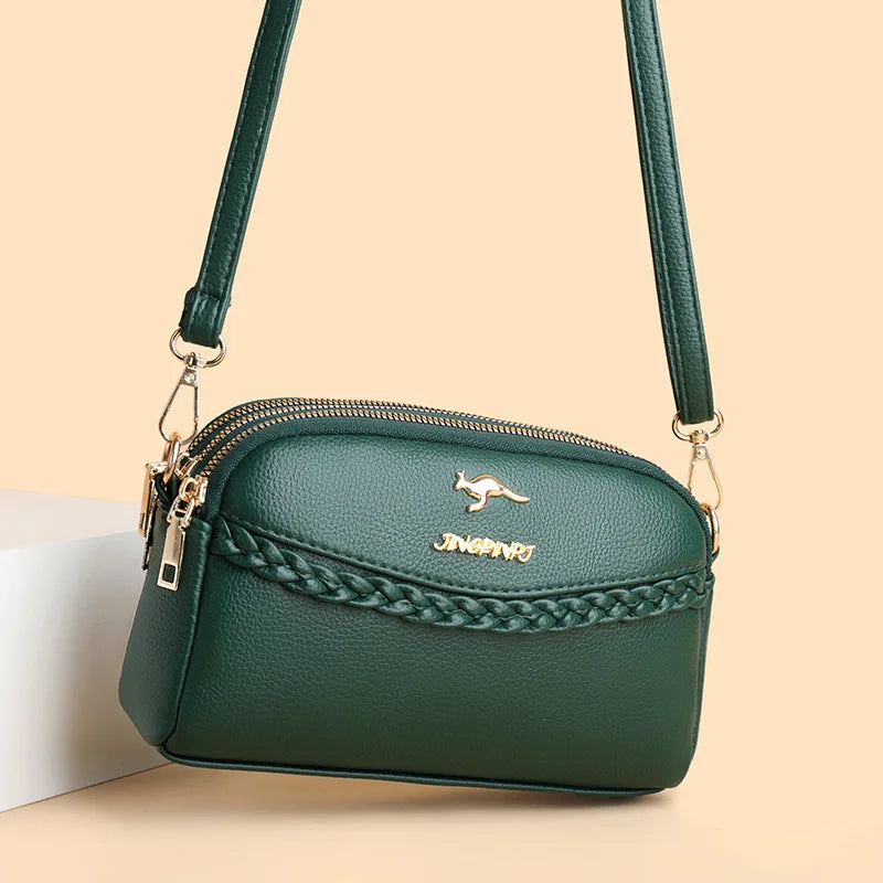 Chic Pu Leather Crossbody Bag Three Layer Zipper Stylish Braid Detail Phone Bag