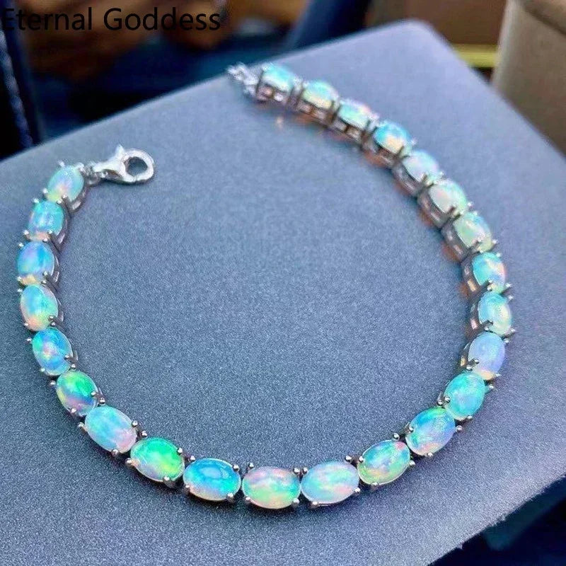 925 Sterling Silver Natural Opal Simple Bracelet Colorful Stone Bracelet Fine Jewelry