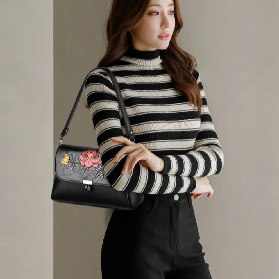 Vintage 3D Floral Embossed Crossbody Bag Soft Leather Elegant Bag Luxury Handbag