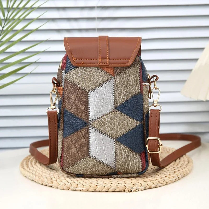 Retro Contrasting Color Multi-layer Small Crossbody Bag Diamond Splicing Phone Bag