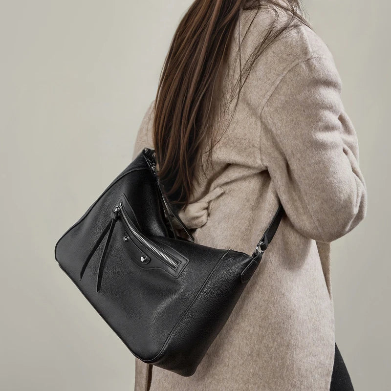 Retro Genuine Leather Underarm Shoulder Bag Luxury Design Solid Color Hobo