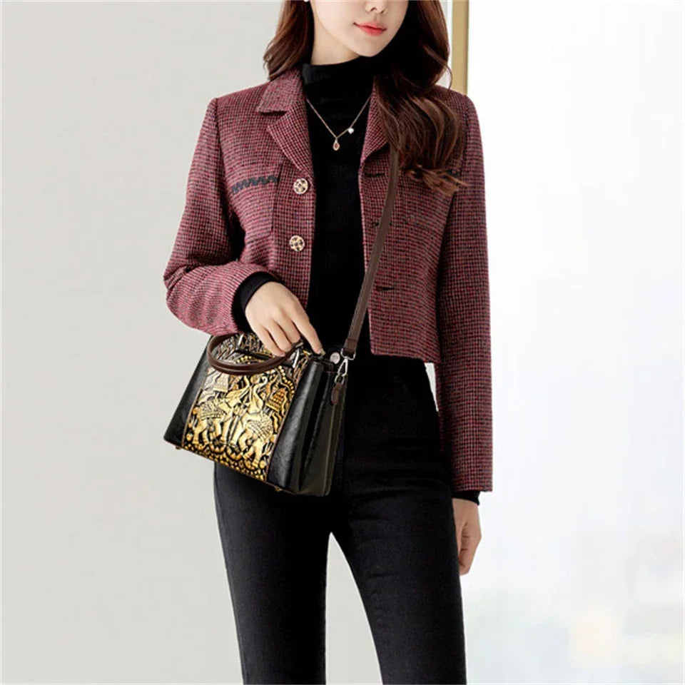 Vintage Embossed Handmade Handbag Versatile PU Leather Bag Large Capacity