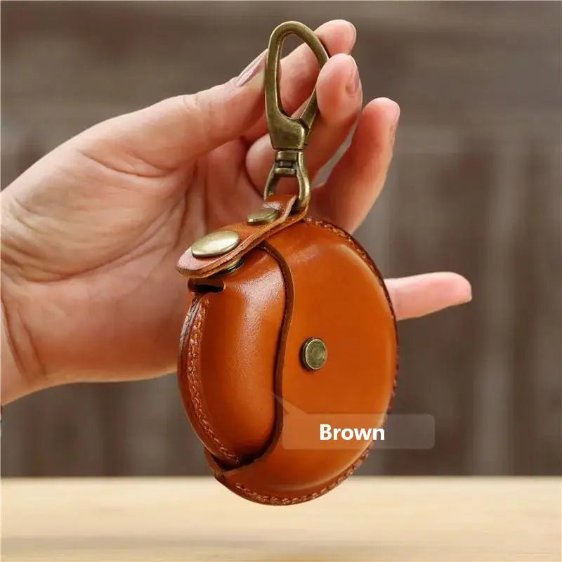 Handcrafted genuine leather small round Bluetooth earphone bag