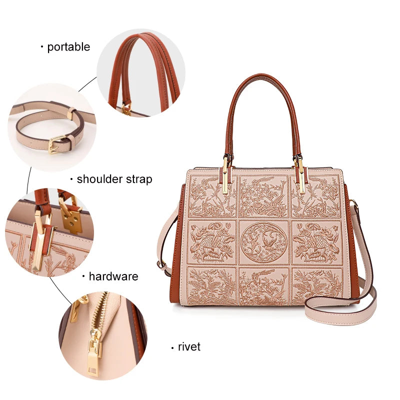 Embroidered Leather Tote Patchwork Design With Dual Straps