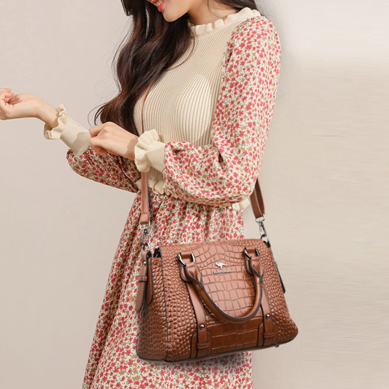 Luxury Genuine Leather Handbags For Women Crocodile Pattern Crossbody Bag