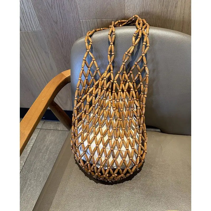 Handmade Beaded Shoulder Bag Hollow-out Wooden Bead Tote Woven Bag Bucket Bag