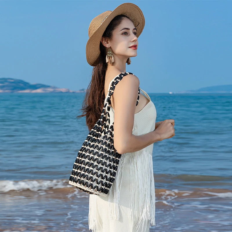Handmade Beaded Shoulder Bag Hollow-out Wooden Bead Tote Woven Bag Bucket Bag