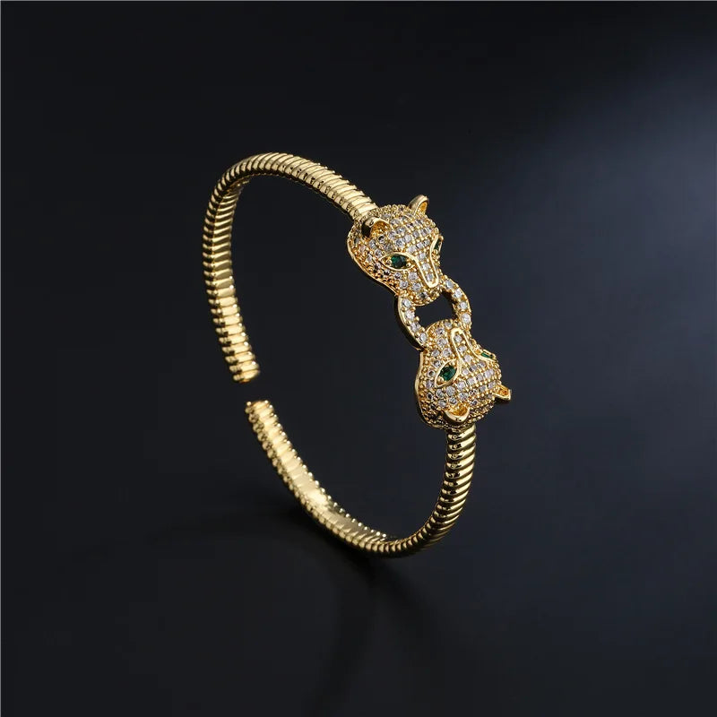 Trendy leopard head open bracelet 18K gold electroplated