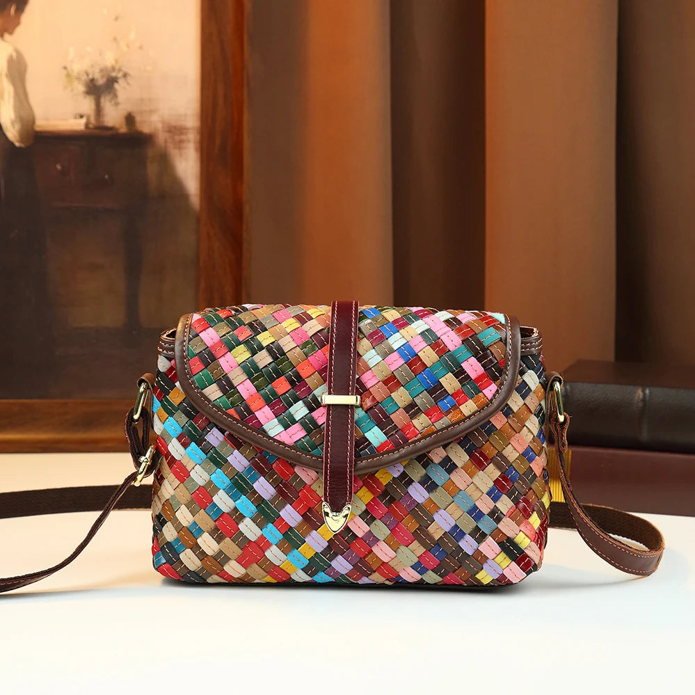 Crossbody bag rainbow hand woven genuine leather bag