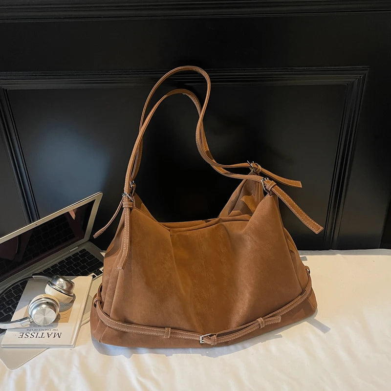 Retro Suede Tote Bag Large Capacity Shoulder Bag Trendy Metal Buckle Strap