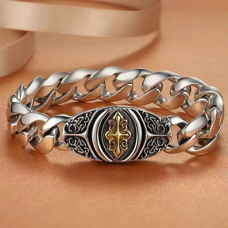 Cuban Link Bracelet Cross Design Vintage Gold Plated Jewelry