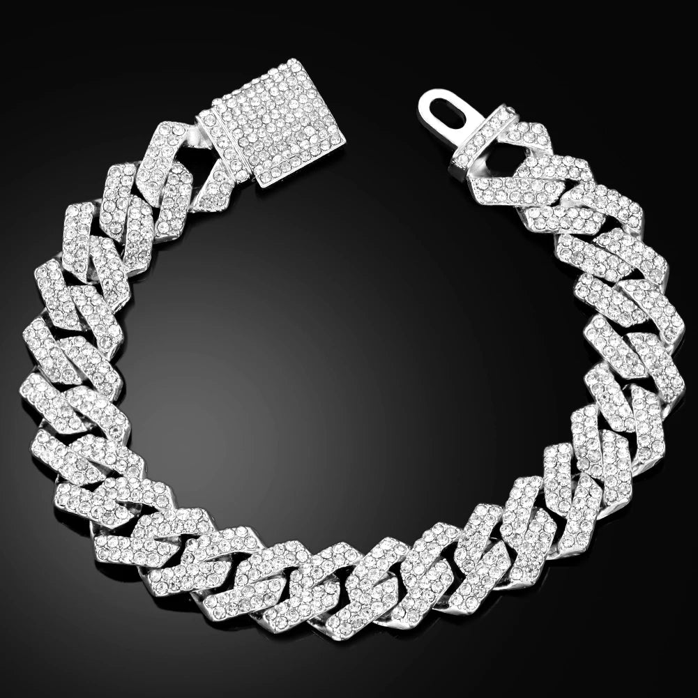 14MM Iced Prong Link Cuban Chain Bracelets Full Rhinestones